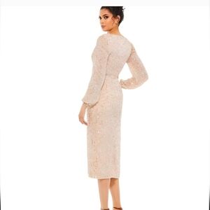 Mac Duggal Beige Puff Sleeve Sequin Midi Dress